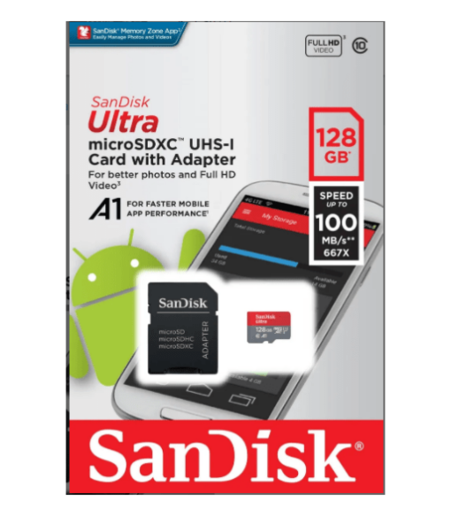 Western Digital Tarjeta Micro SDXC Sandisk 128GB Clase 10 Con adaptador SD